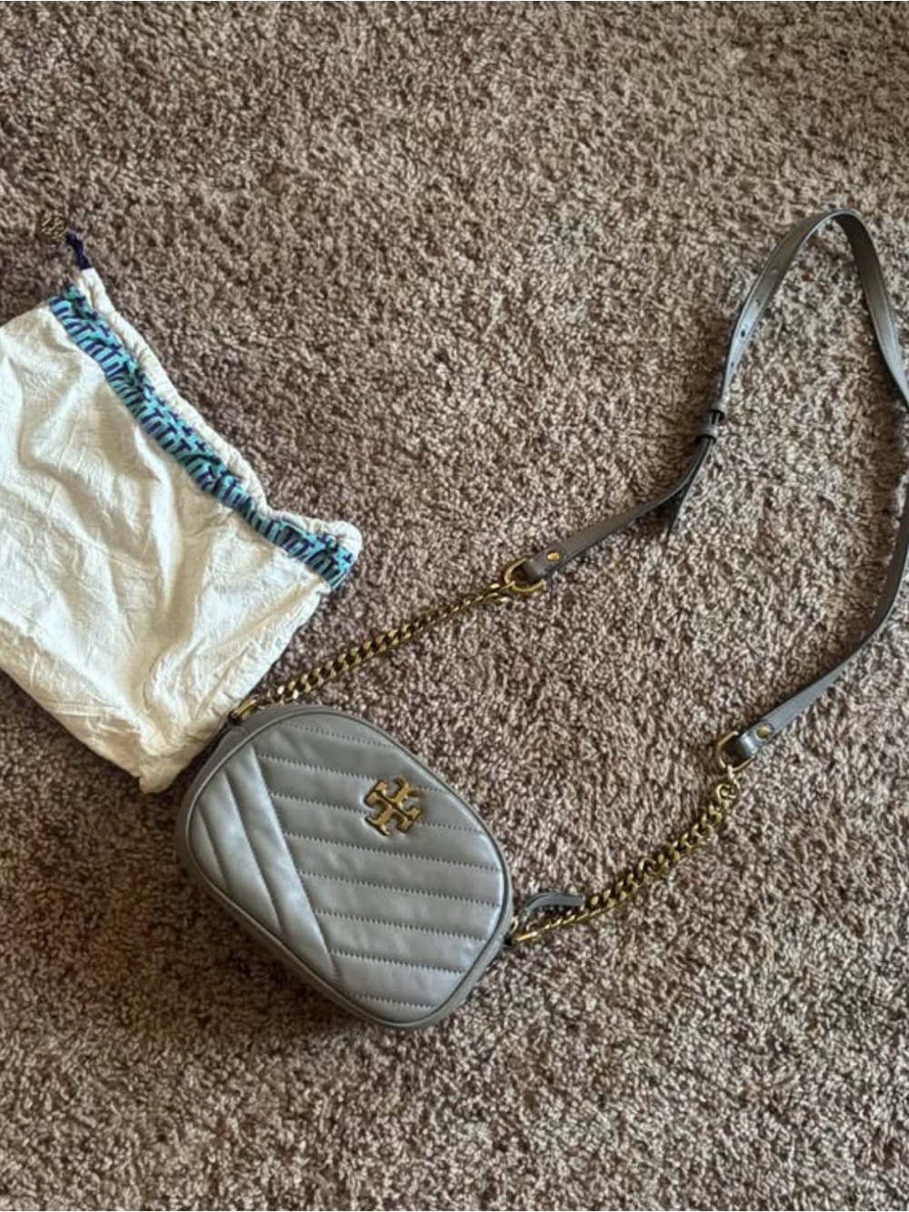 Tory Burch Quilted Mini Crossbody Bag in Light Gray with Gold Hardware
